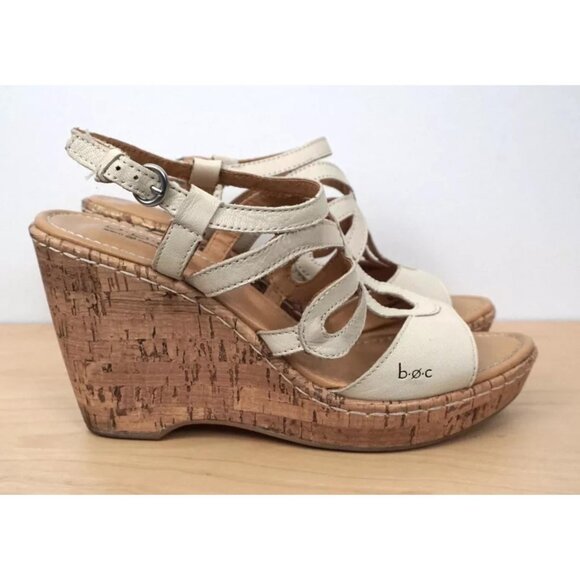 BOC Born Concept Beige Tan Cork Wedge High Heel Sandals Size 8 M - Picture 1 of 8